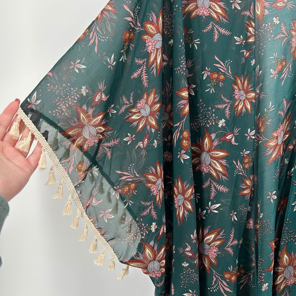SHEIN Curve Floral‎ Kimono Swim Coverup Dark Green Tassel Trim 4XL Boho Festival - Picture 2 of 7